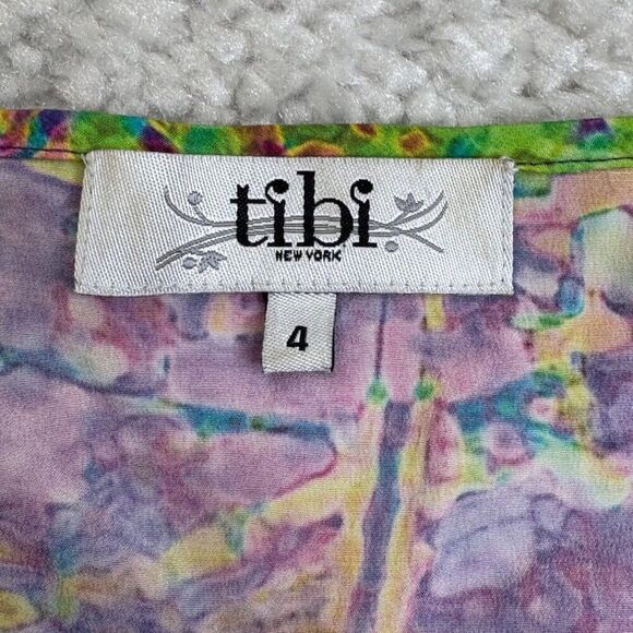 Tibi Silk Half Button Watercolor Dress Tie Waist Purple Green - Picture 3 of 11